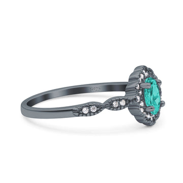 Halo Vintage Floral Art Deco Wedding Ring Oval Black Tone, Simulated Paraiba Tourmaline CZ 925 Sterling Silver